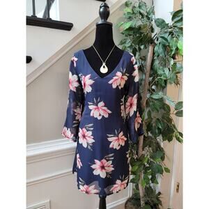 Noctflos Tunic Dress Women's Size Large Navy Floral V-neck Long Sleeves
